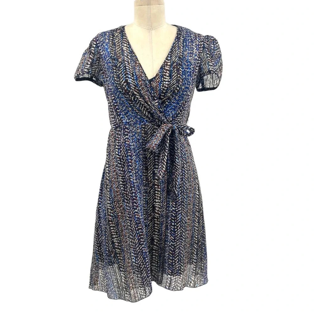 Anna Sui Wrap Mini Dress Short Sleeve Abstract Print Silk Blue Metallic Size 0